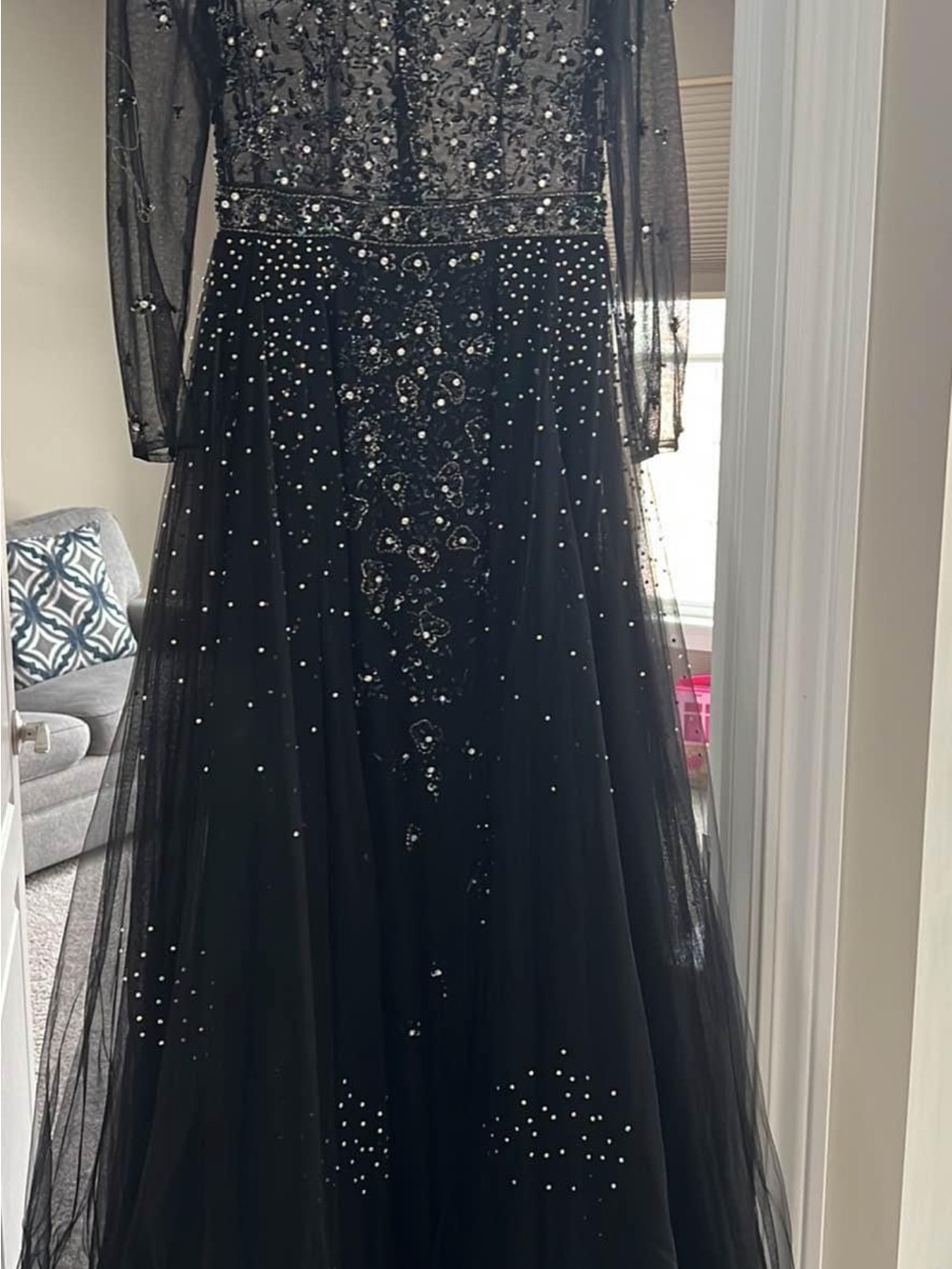 Embellished Black Tulle Evening Gown